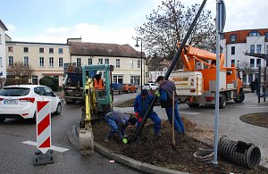 Der neue Laternenmast wird versenkt.