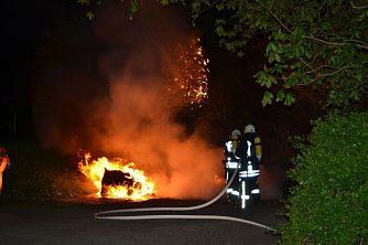 Bereits zehn Minuten nach halb zw&ouml;lf hatten die Helftaer Feuerwehrleute die noch nicht brennenden Container zur Seite geschoben und den Brand unter Kontrolle. Das Feuer hatte inzwischen auf die Str&auml;ucher im Hintergrund &uuml;bergegriffen. (Foto: Jochen Miche)
