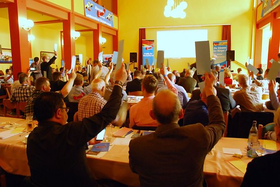 Mit blauen Karten zeigten die Abgeordneten ihre Zustimmung zu einem Vorschlag an. (Foto: Jochen Miche)