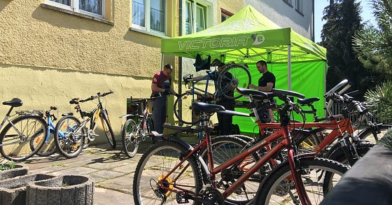 Bild: Werkstatt unterm Pavillon. Die Bike Schmiede Biesenrode reparierte heute im Kinder- und Jugendheim Sandersleben kostenlos defekte Fahrr&auml;der.