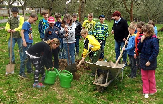 Bild: Kinder der Sprachheilschule pflanzen einen Baum