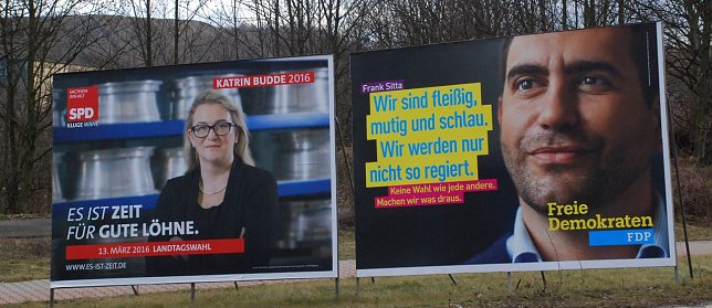 Bild: Am Sonntag, dem 13. M&auml;rz 2016, 18 Uhr, haben diese Plakate ihre Funktion erf&uuml;llt: Aufmerksamkeit f&uuml;r die jeweilige Partei und ihre Spitzenkandidaten zu erzielen (hier Katrin Budde, SPD, und Frank Sitta, FDP). Zur Wahl stellen sich in Mansfeld-S&uuml;dharz auch Kandidaten von CDU, Die Linken, AfD und der j&uuml;ngsten, in unserem Landkreis geborenen Partei FBM (Freie B&uuml;rger Mitteldeutschland).
