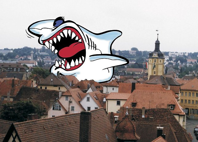 Bild: Der Dach-Hai ist zur Symbolfigur f&uuml;r ma&szlig;los gierige und skrupellose Dachhandwerker geworden, denen schnelles Geld vor guter Arbeit geht.