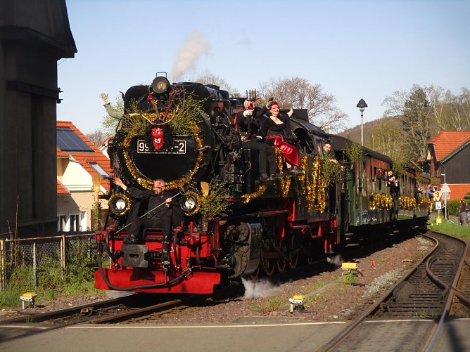 99 7247-2 bei der Einfahrt in Wernigerode Hasserode am 30.04.2023. Sie f&auml;hrt mit dem Walpurgiszug von Wernigerode nach Schierke (Foto: Bernd Thielbeer)