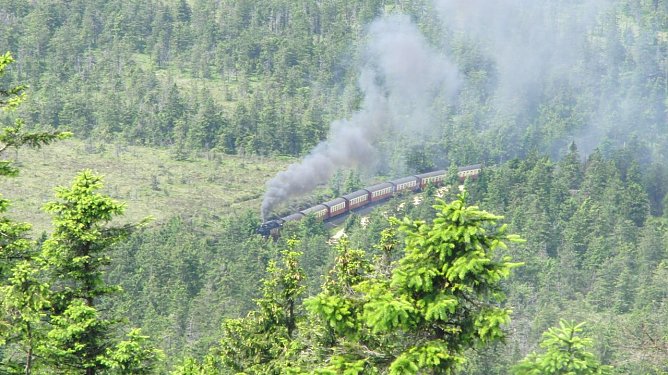 Hier war bei der HSB und im Harz die "Welt" noch in Ordnung. Blick vom Brocken auf einen in Gipfelfahrt befindlichen Zug am 29.06.2012. (Foto: Bodo Schwarzberg)