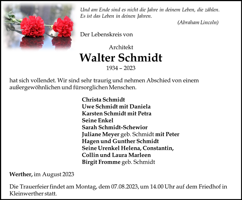 Traueranzeige Walter Schmidt (Foto: Bestattungshaus Eckhard Schade)