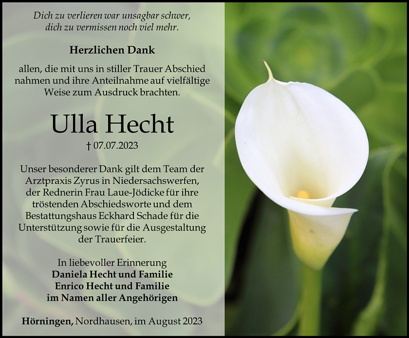 Danksagung Ulla Hecht (Foto: Bestattungshaus Eckhard Schade)