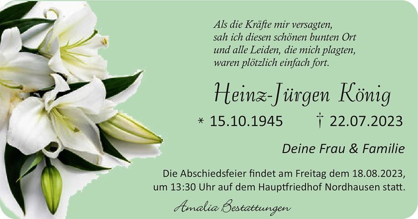 Traueranzeige Heinz-J&uuml;rgen K&ouml;nig (Foto: Amalia Bestattungen)