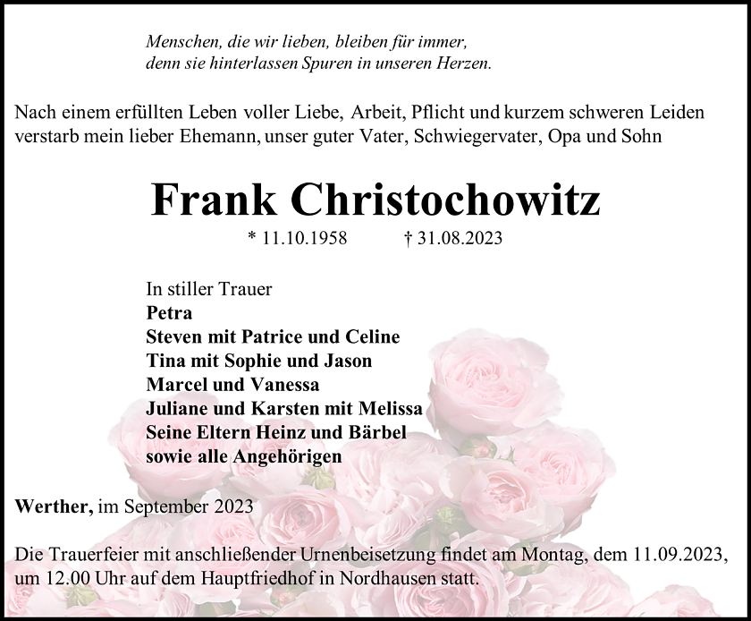 Traueranzeige Frank Christochowitz (Foto: Bestattungshaus Eckhard Schade)