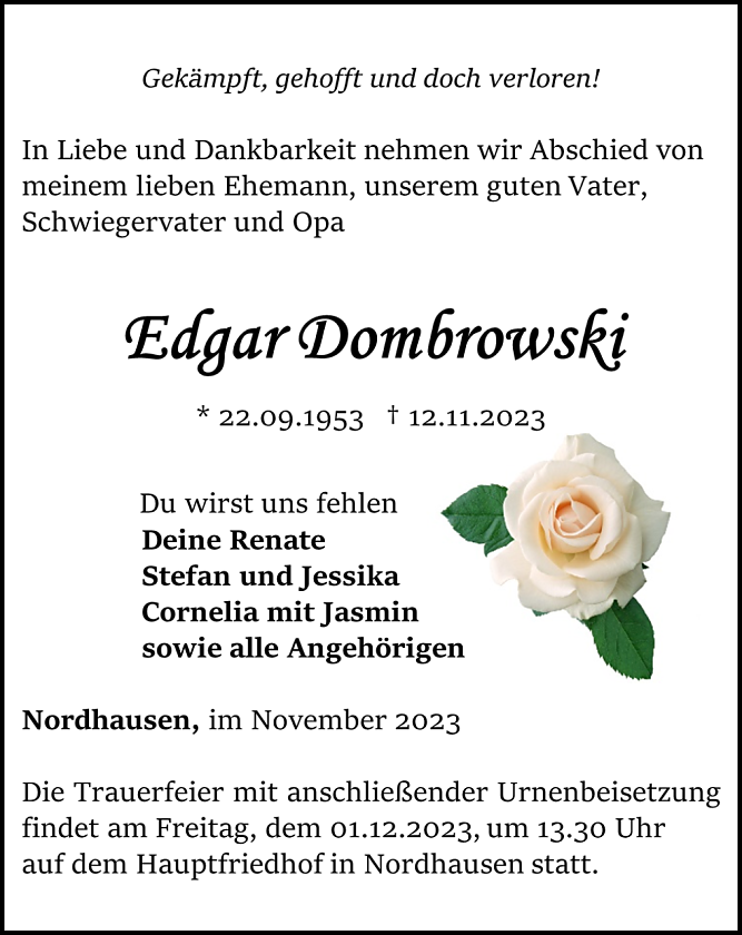 Traueranzeige (Foto: Besttaungshaus Schade)