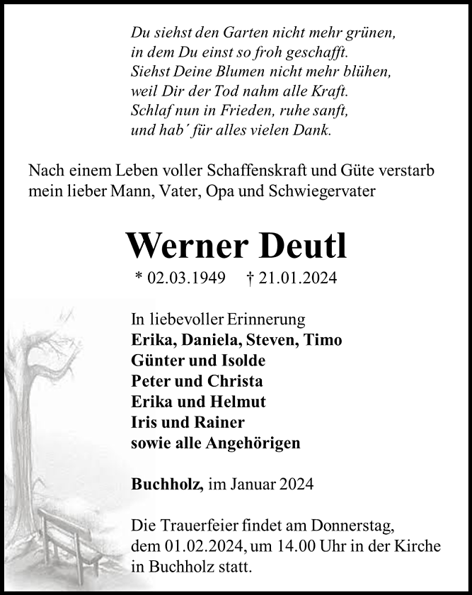 Traueranzeige Werner Deutl (Foto: Bestattungshaus Eckhard Schade)