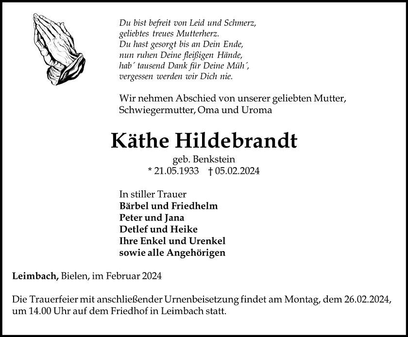 Traueranzeige (Foto: Bestattungshaus Schade)