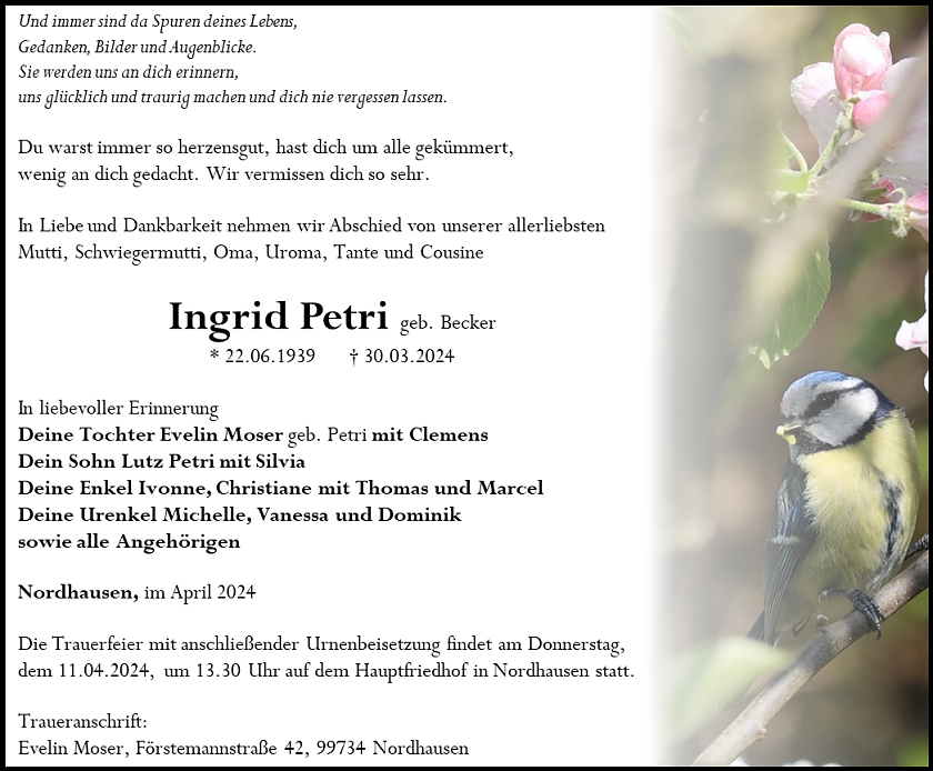 Traueranzeige (Foto: Bestattungshaus Eckhard Schade)