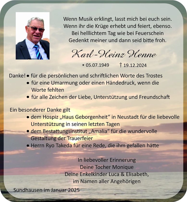 Danksagung Karl-Heinz Henne (Foto: Amalia Bestattungen)