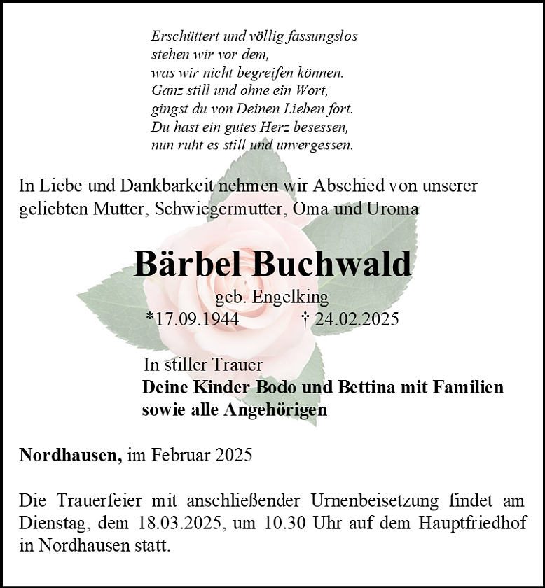 Traueranzeige (Foto: Bestattungshaus Eckhard Schade)