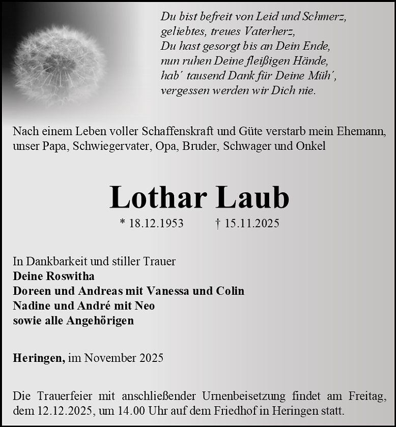 Traueranzeige (Foto: Bestattungshaus Eckhard Schade)