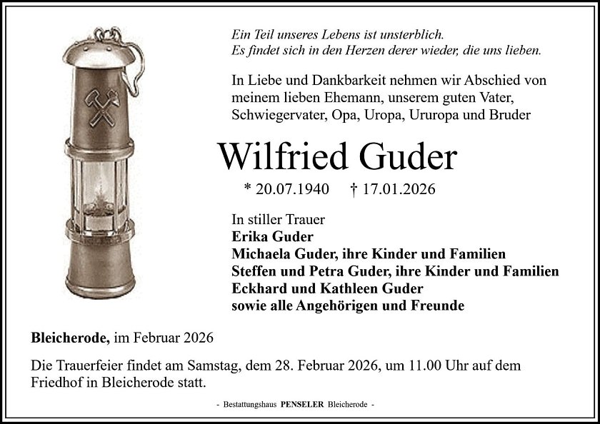 Traueranzeige Herr Wilfried Guder (Foto: Bestattungshaus PENSELER)