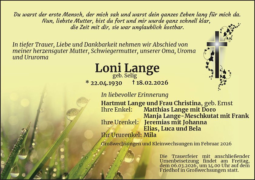 Traueranzeige (Foto: Bestattungsinstitut Westerhausen)