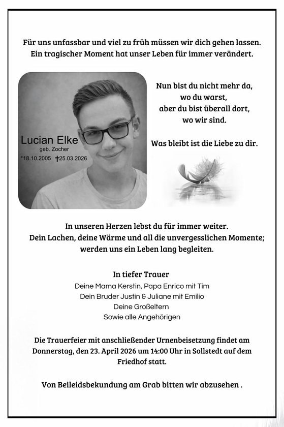 Traueranzeige Lucian Elke (Foto: Bestattungshaus PENSELER)