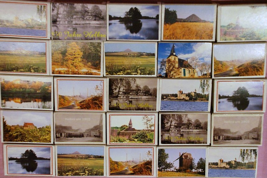 Hingucker der Extraklasse: Streichholzschachteln, die die inzwischen in Magdeburg lebende Helbraerin Gisela Renker mit selbst fotografierten Motiven ihrer Heimat beklebt hat.