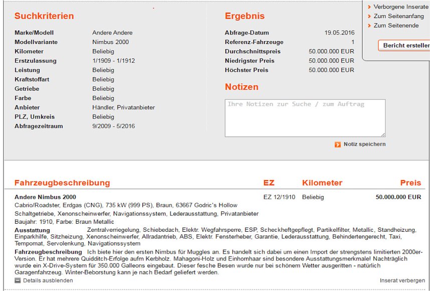 20 Jahre mobile.de: Mit diesem skurrilen Inserat zog im Mai 2016 ein H&auml;ndler die Aufmerksamkeit auf sich. Wer will schon vier R&auml;der, wenn er ebenso auf Harry Potters Besen fliegen kann? (Quelle: mobile.de)