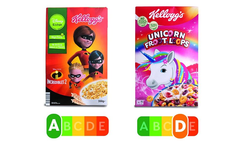 Beide Fr&uuml;hst&uuml;cksflocken von Kellogg�s werden mit bunten Bildern an Kinder beworben � doch die Inhaltsstoffe unterscheiden sich deutlich. Bei fast gleicher Kalorienanzahl enthalten die Froot Loops deutlich mehr Zucker und Salz und deutlich weniger Ballaststoffe als das mit Disney-Figuren beworbene Produkt.