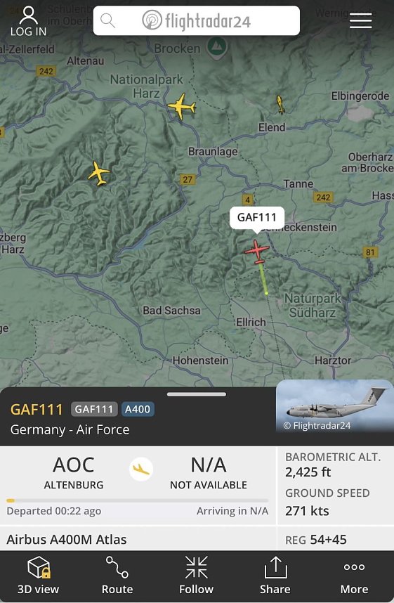 Gro&szlig;maschine der Bundesluftwaffe unterwegs &uuml;ber Th&uuml;ringen